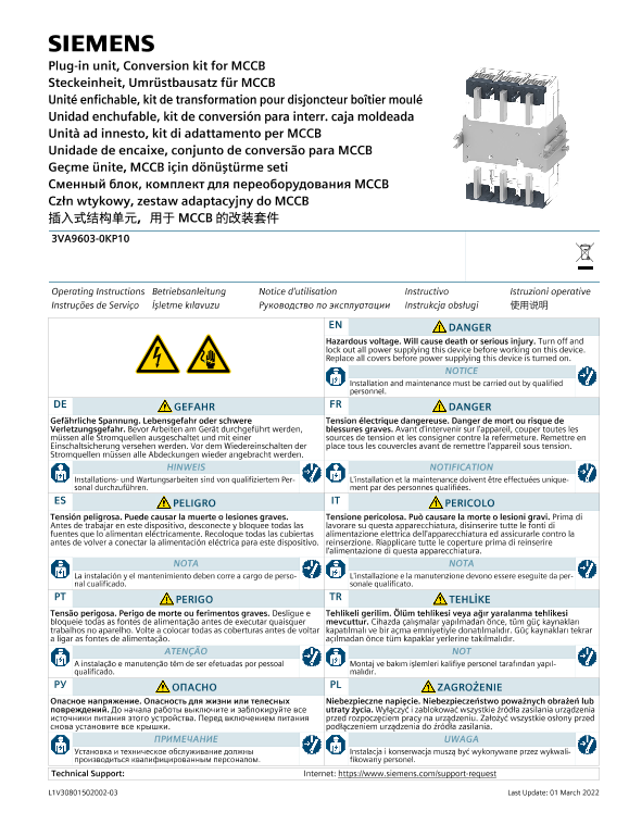 Siemens 西门子工业 插入式结构单元，用于 MCCB 的改装套件 插入式结构单元，用于 MCCB 的改装套件 使用手册