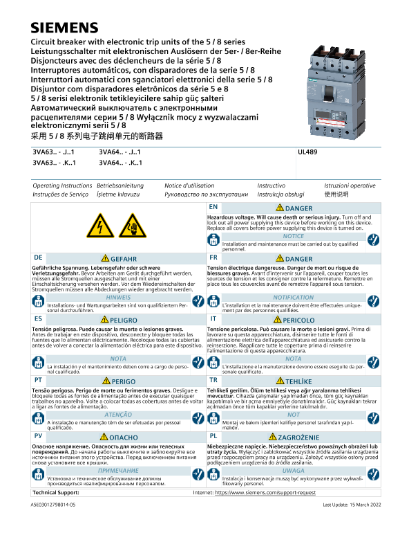 Siemens 西门子工业 采用 5   8 系列电子跳闸单元的断路器 （针对需要 UL 认证的市场） 采用 5   8 系列电子跳闸单元的断路器 （针对需要 UL 认证的市场） 使用手册