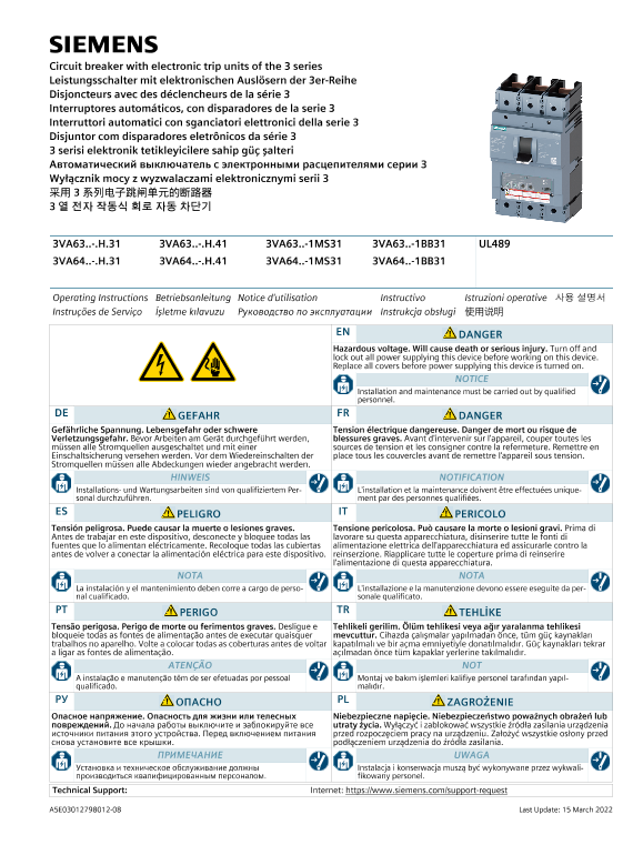 Siemens 西门子工业 采用 3 系列电子跳闸单元的断路器 （针对需要 UL 认证的市场） 采用 3 系列电子跳闸单元的断路器 （针对需要 UL 认证的市场） 使用手册