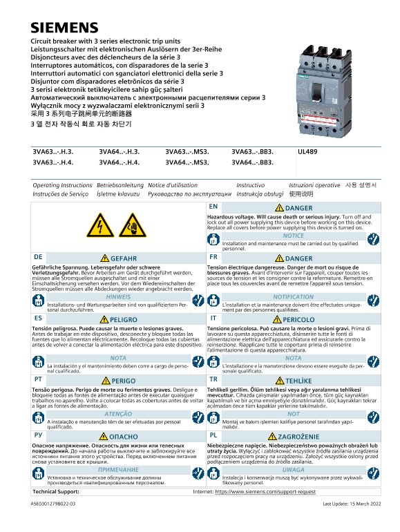 Siemens 西门子工业 采用 3 系列电子跳闸单元的断路器 （适用于北美市场）
 采用 3 系列电子跳闸单元的断路器 （适用于北美市场）
 使用手册