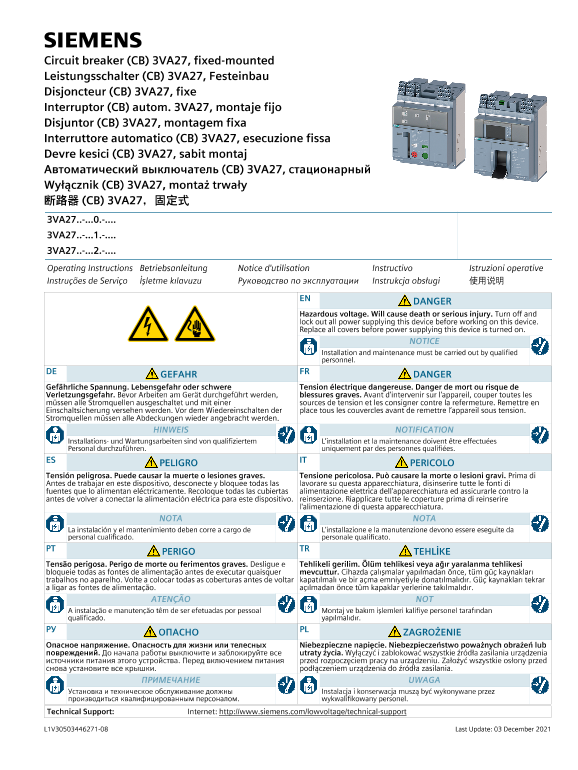 Siemens 西门子工业 断路器 (CB) 3VA27，固定式 断路器 (CB) 3VA27，固定式 使用手册