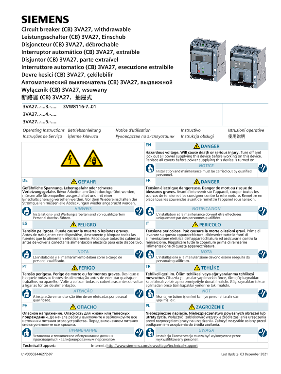 Siemens 西门子工业 断路器 (CB) 3VA27，抽屉式 断路器 (CB) 3VA27，抽屉式 使用手册