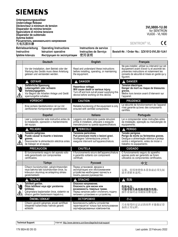 Siemens 西门子工业 SENTRON VL630 – VL1600 ¿¿¿¿¿¿ SENTRON VL630 – VL1600 ¿¿¿¿¿¿ 使用手册