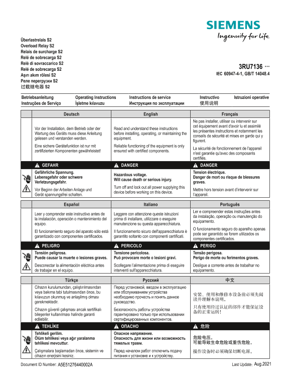 Siemens 西门子工业 过载继电器 S2 (3RU7136…) 过载继电器 S2 (3RU7136…) 使用手册