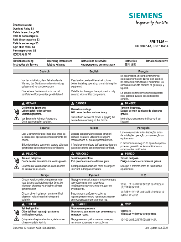 Siemens 西门子工业 过载继电器 S3 (3RU7146…) 过载继电器 S3 (3RU7146…) 使用手册