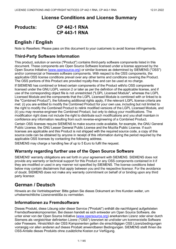 Siemens 西门子工业 License Conditions and Copyright Notices CP 442-1 RNA, CP 443-1 RNA License Conditions and Copyright Notices CP 442-1 RNA, CP 443-1 RNA 使用手册