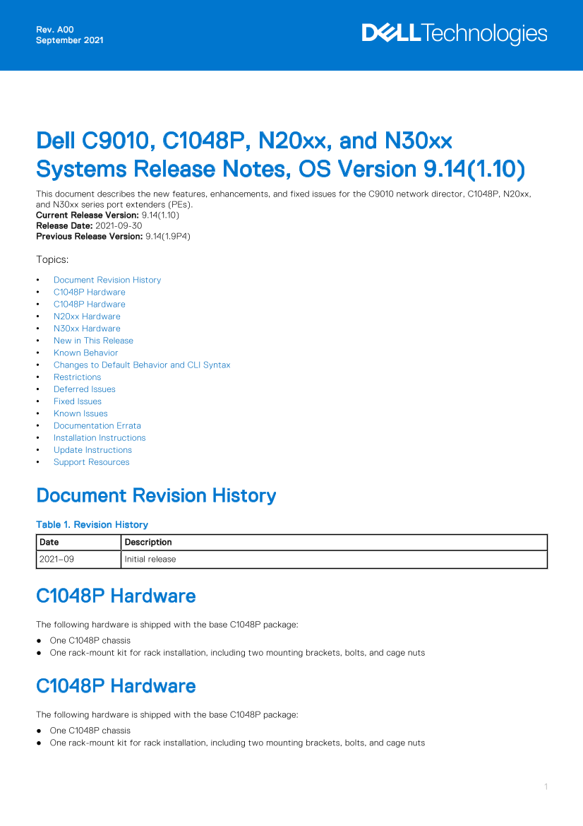 Dell戴尔Dell C9010, C1048P, N20xx, and N30xx Systems Release Notes, OS Version 9.14.1.10 说明书 用户手册