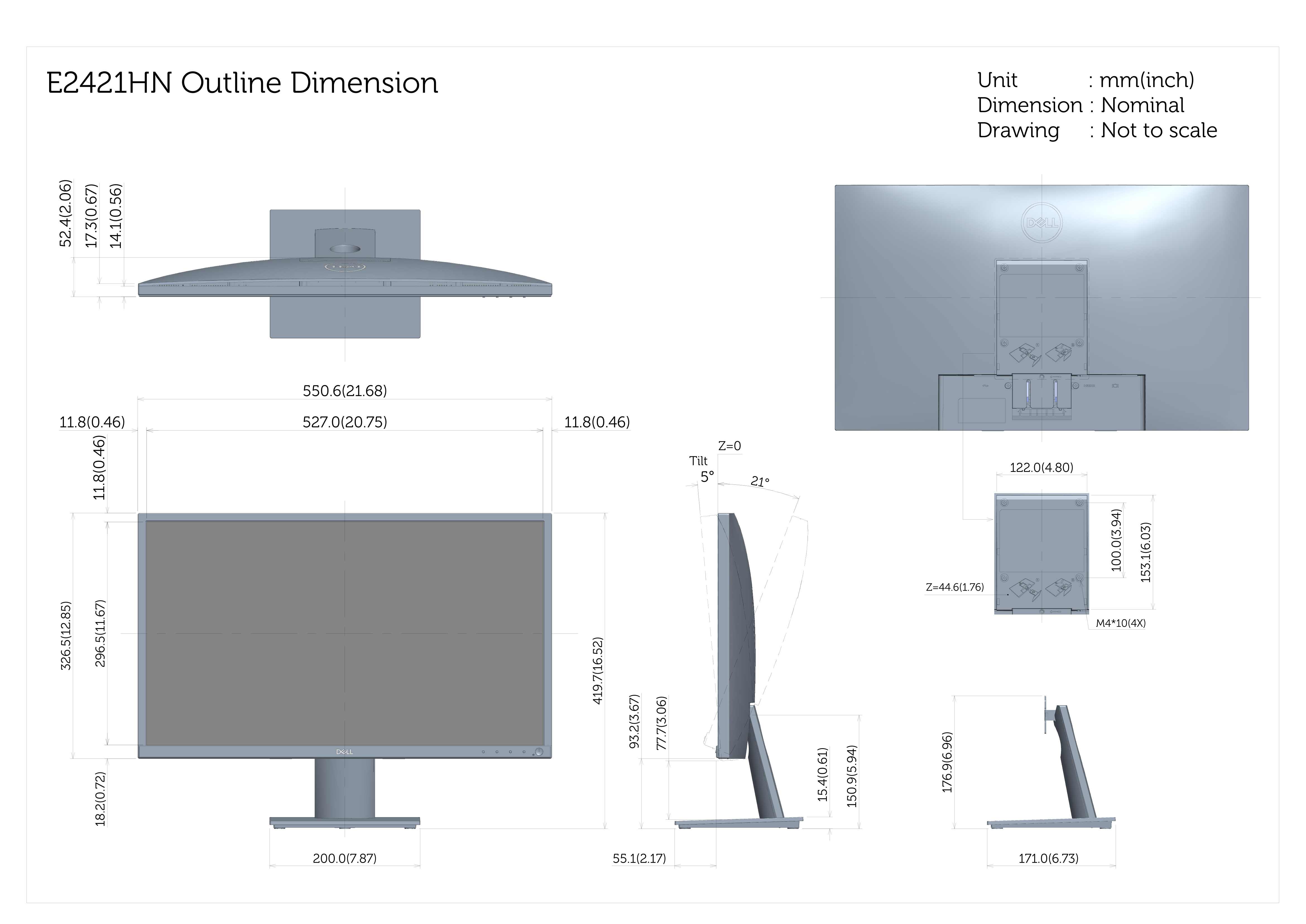 Dell戴尔Dell E2421HN Outline Dimensions Guide 说明书 用户手册