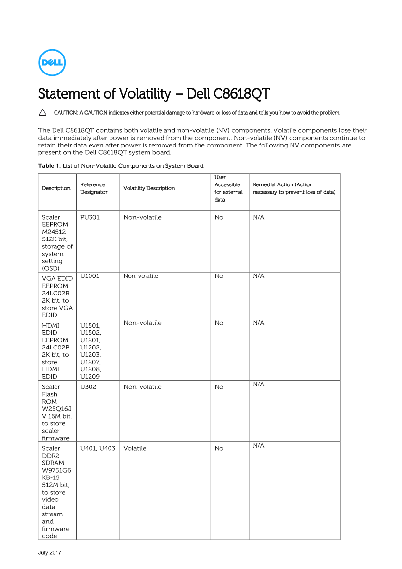 Dell戴尔Dell C8618QT – Statement of Volatility 说明书 用户手册