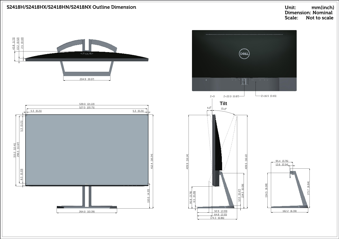 Dell戴尔Dell S2418HN S2418NX Outline Drawing 说明书 用户手册