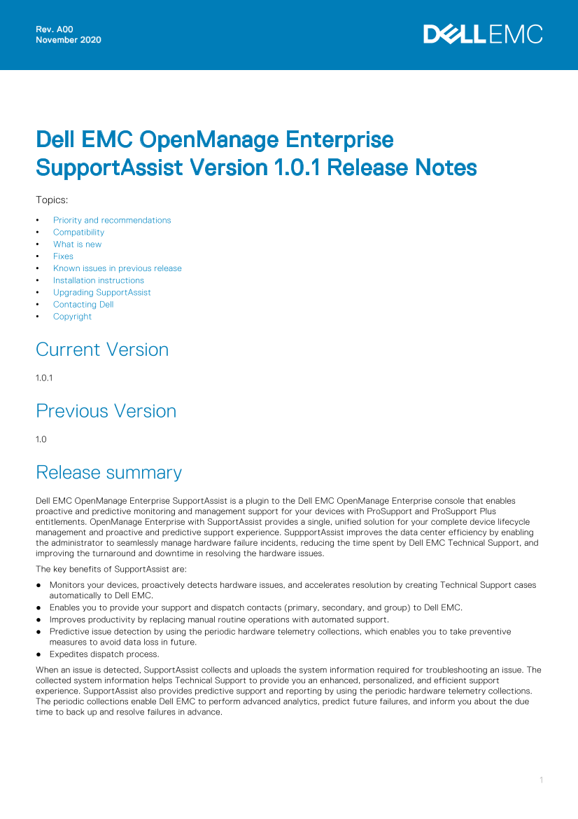 Dell戴尔Dell EMC OpenManage Enterprise SupportAssist Version 1.0.1 Release Notes 说明书 用户手册