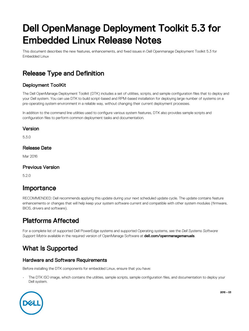 Dell戴尔Dell OpenManage Deployment Toolkit 5.3 for Embedded Linux Release Notes 说明书 用户手册