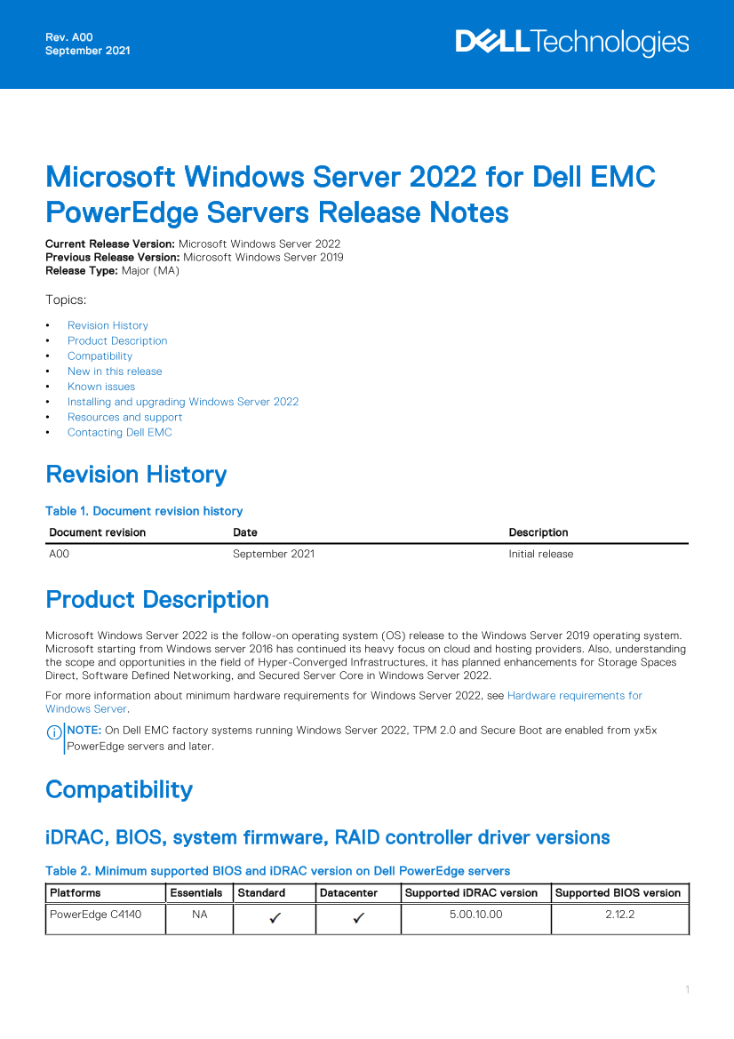 Dell戴尔Microsoft Windows Server 2022 for Dell EMC PowerEdge Servers Release Notes 说明书 用户手册