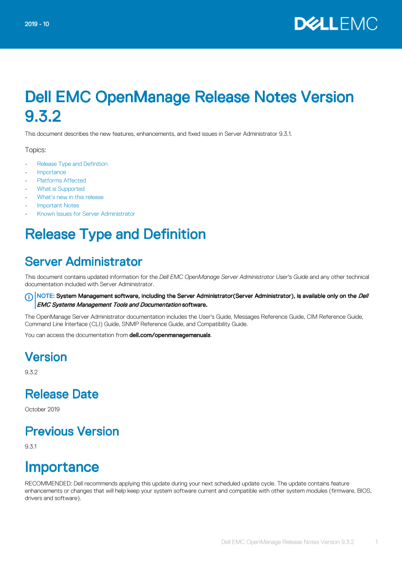 Dell戴尔Dell EMC OpenManage Release Notes Version 9.3.2 说明书 用户手册