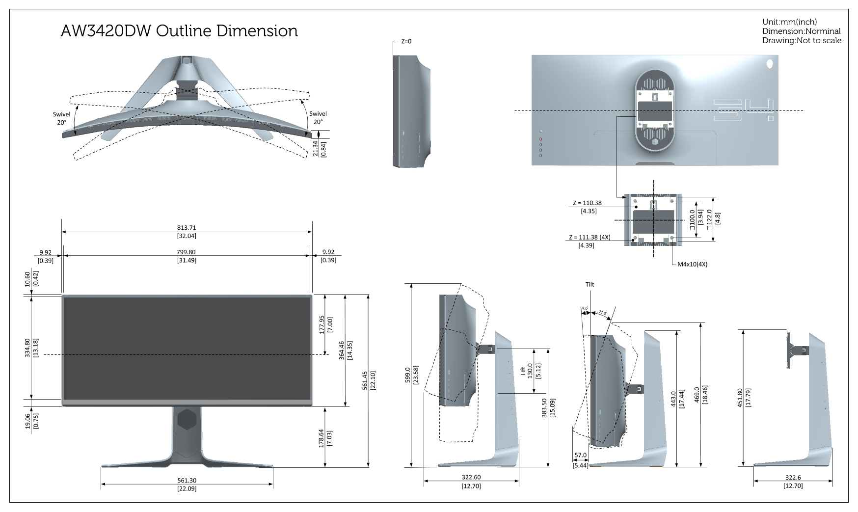 Dell戴尔Alienware AW3420DW Monitor Outline Drawing 说明书 用户手册