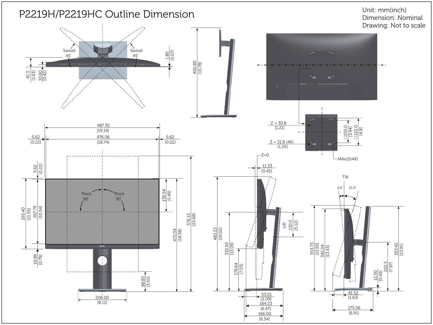 Dell戴尔Dell P2219HC – Outline Dimensions 说明书 用户手册