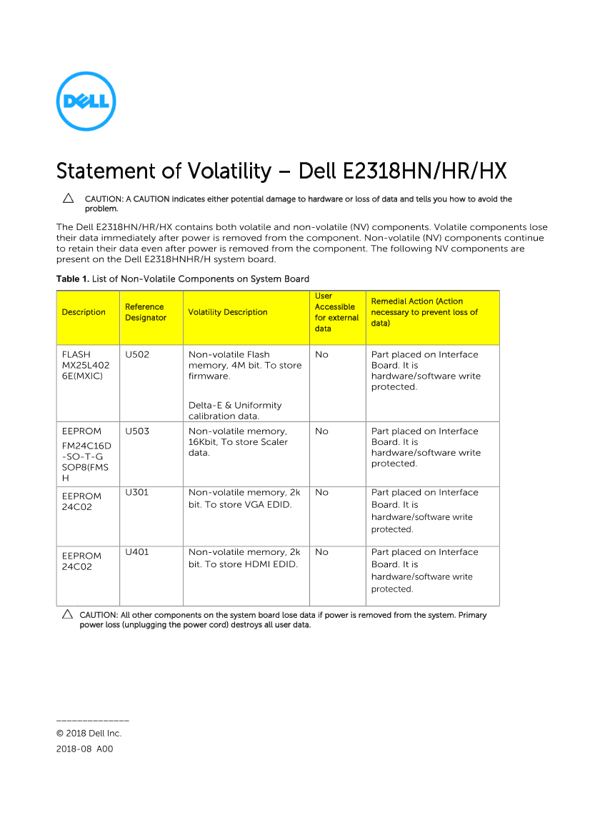 Dell戴尔Dell E2318HN – Statement of Volatility 说明书 用户手册