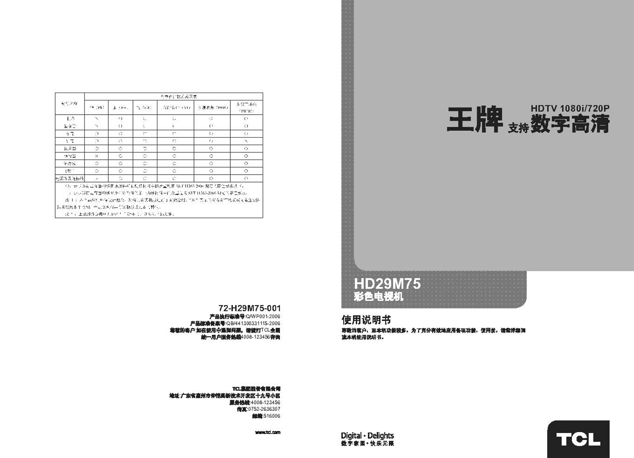 TCL王牌 HD29M75 数字高清 使用说明书